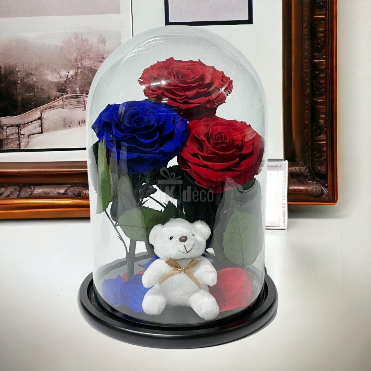 3 Trandafiri Criogenati mari (2 rosii si 1 albastru) in cupola sticla-Kdeco.ro