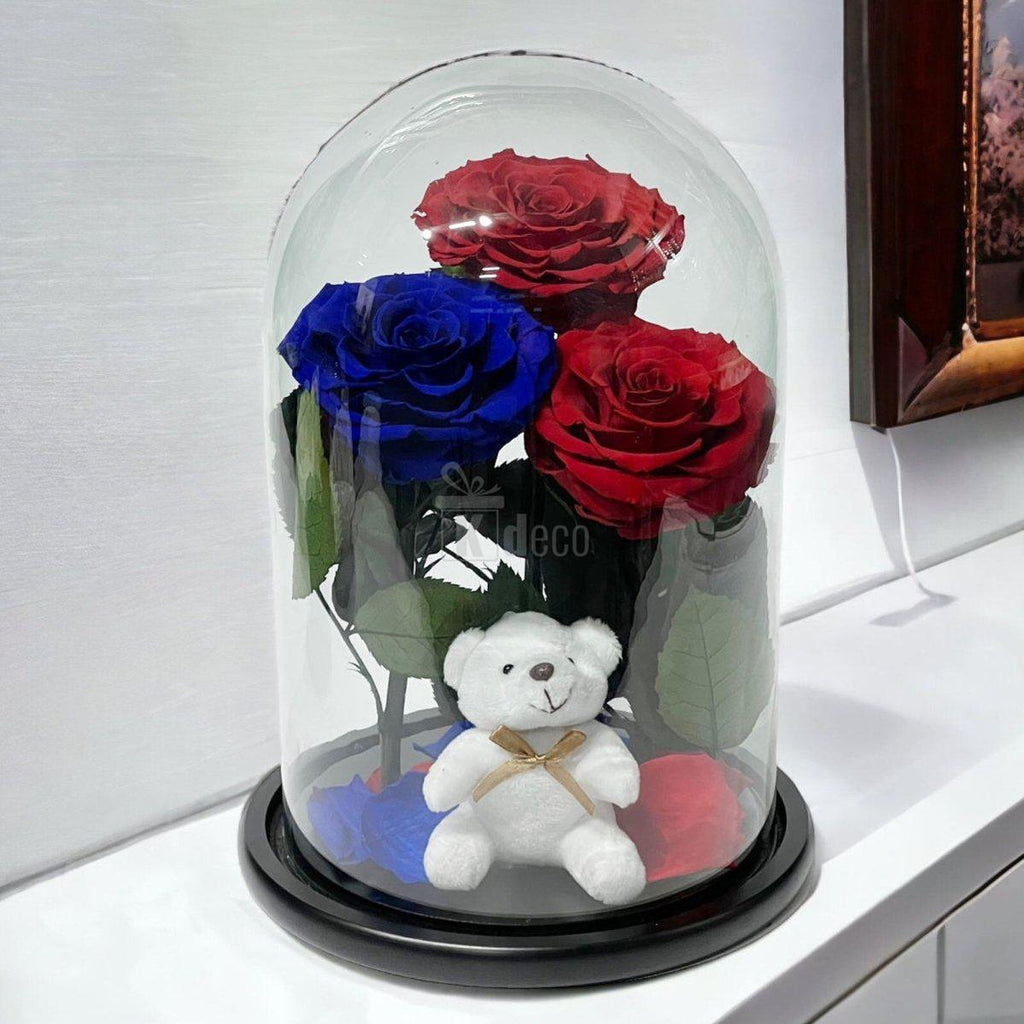 3 Trandafiri Criogenati mari (2 rosii si 1 albastru) in cupola sticla-Kdeco.ro