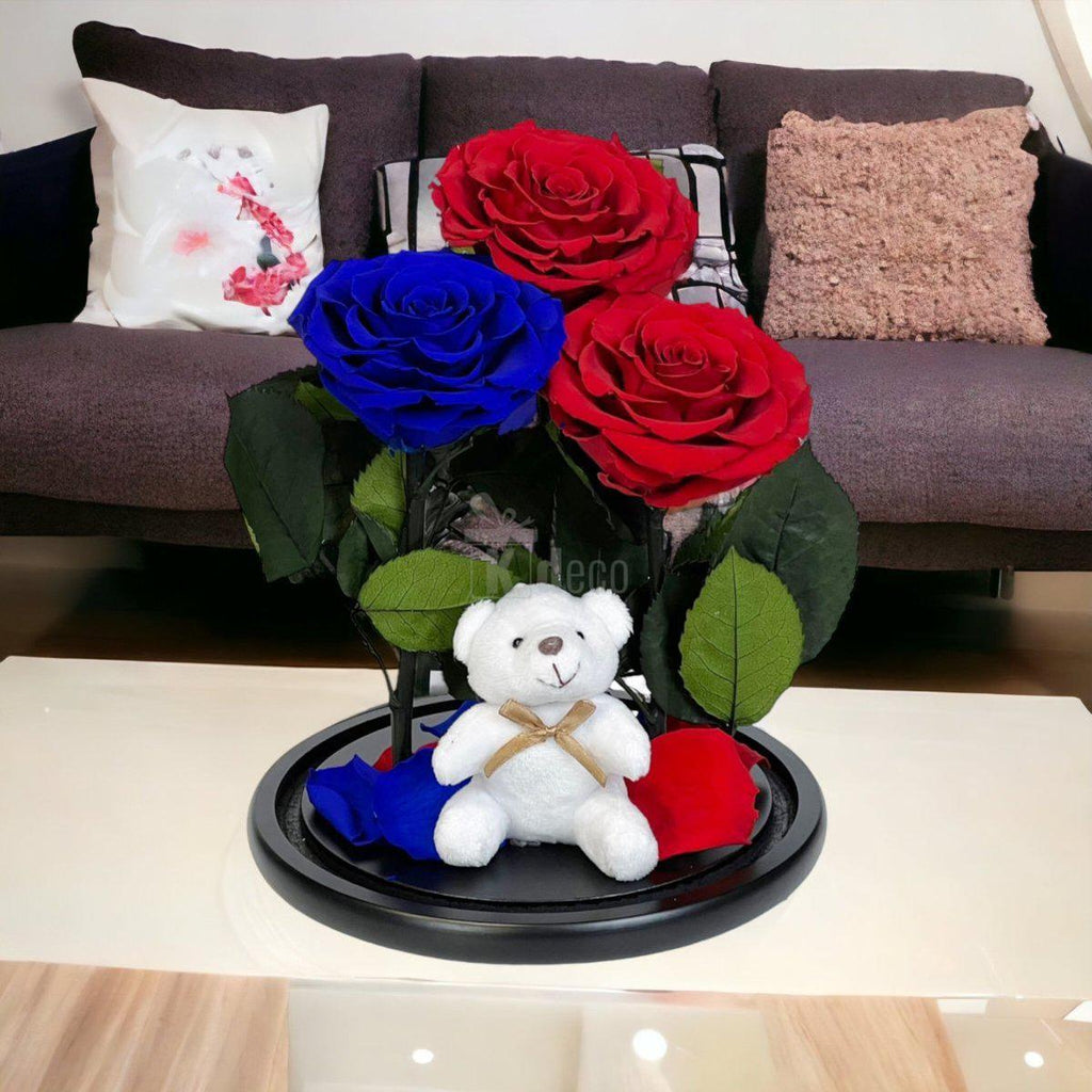 3 Trandafiri Criogenati mari (2 rosii si 1 albastru) in cupola sticla-Kdeco.ro