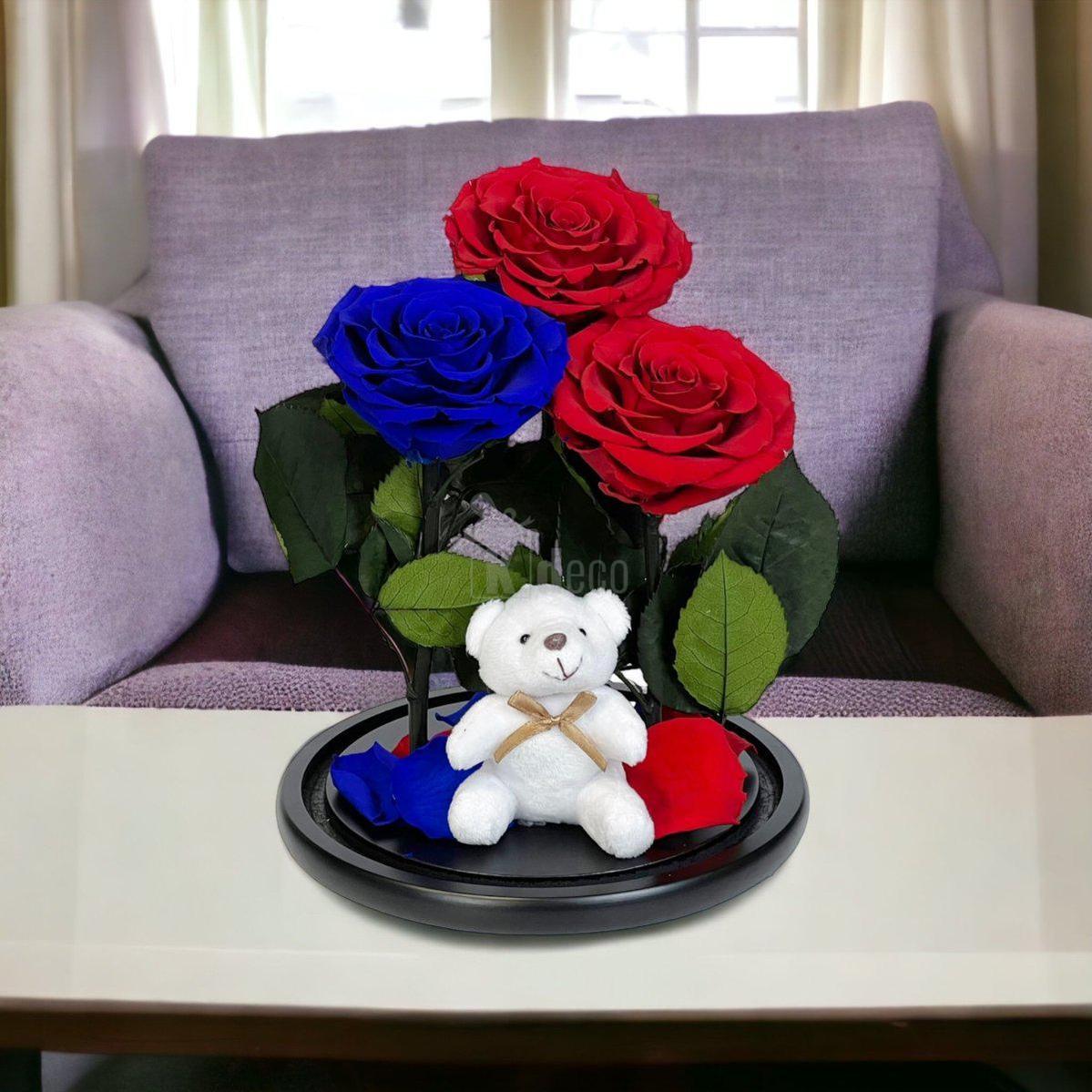 3 Trandafiri Criogenati mari (2 rosii si 1 albastru) in cupola sticla-Kdeco.ro