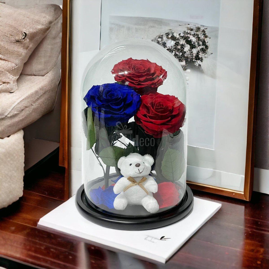 3 Trandafiri Criogenati mari (2 rosii si 1 albastru) in cupola sticla-Kdeco.ro