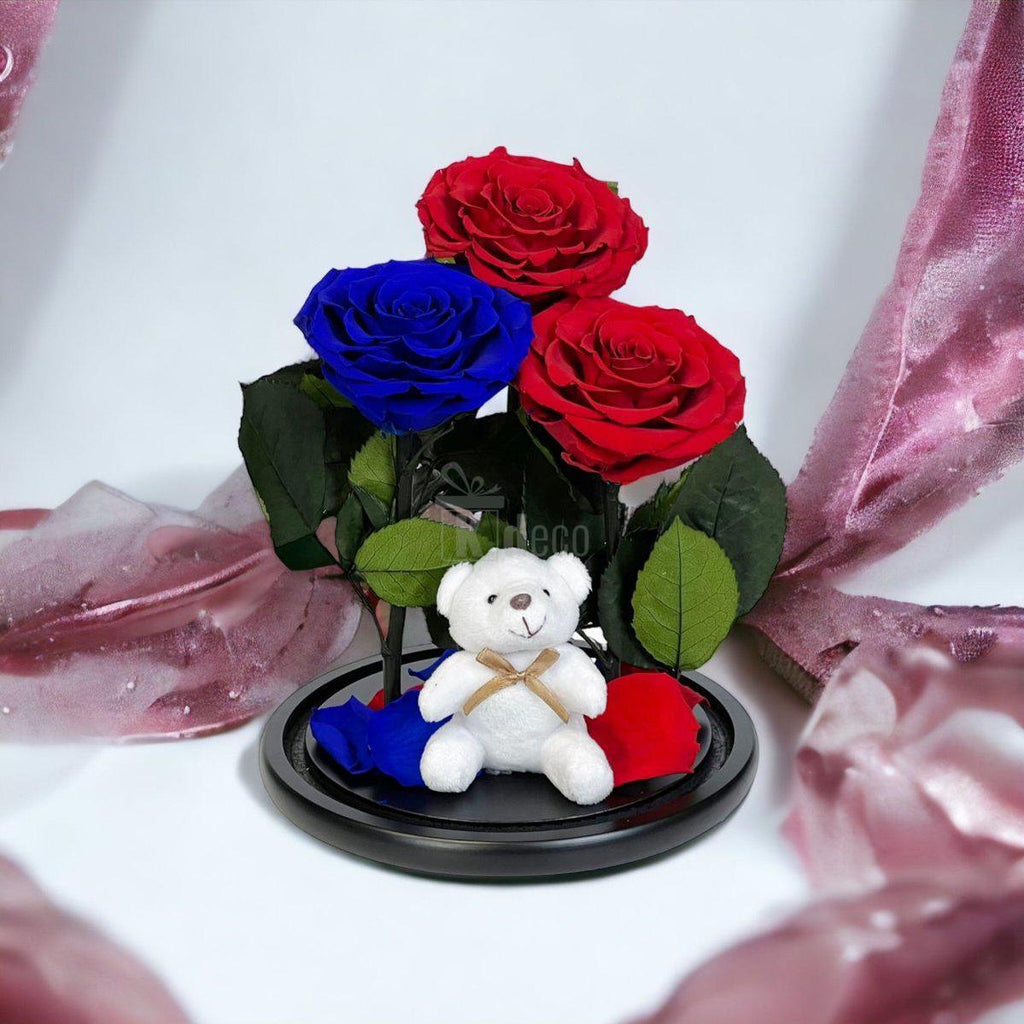 3 Trandafiri Criogenati mari (2 rosii si 1 albastru) in cupola sticla-Kdeco.ro