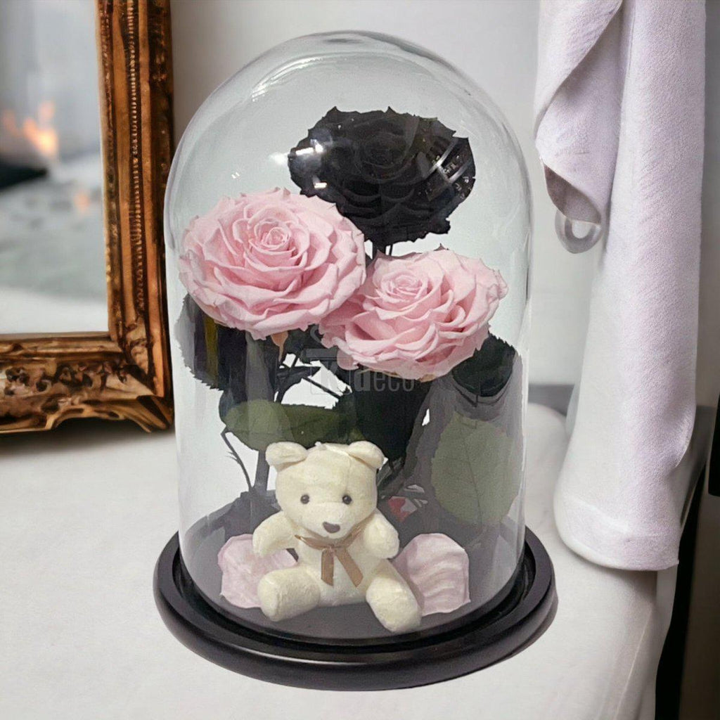 3 Trandafiri Criogenati mari (2 roz pal si 1 negru) in cupola sticla-Kdeco.ro