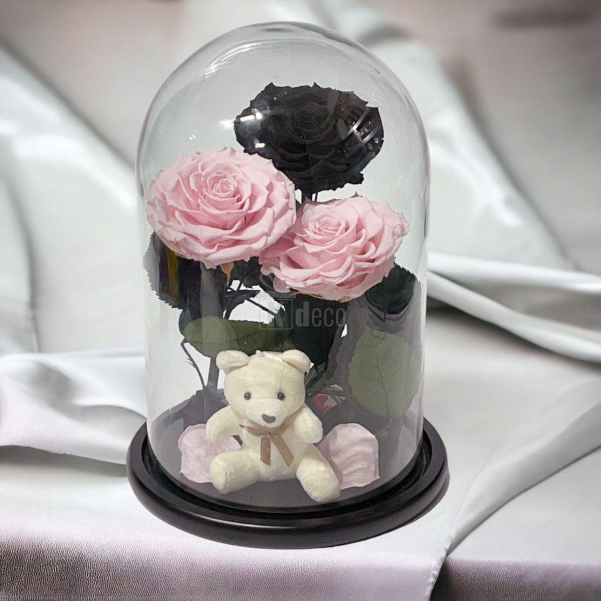 3 Trandafiri Criogenati mari (2 roz pal si 1 negru) in cupola sticla-Kdeco.ro