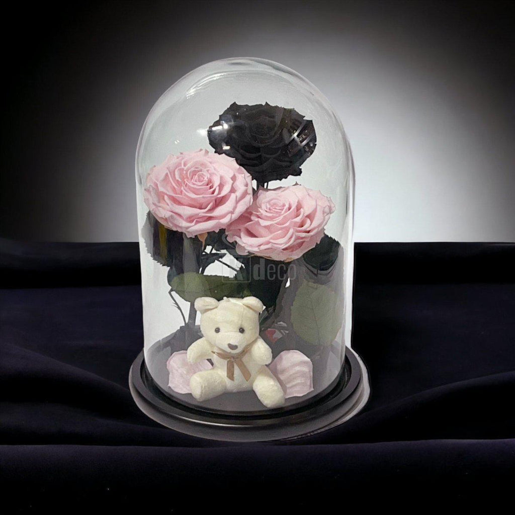 3 Trandafiri Criogenati mari (2 roz pal si 1 negru) in cupola sticla-Kdeco.ro