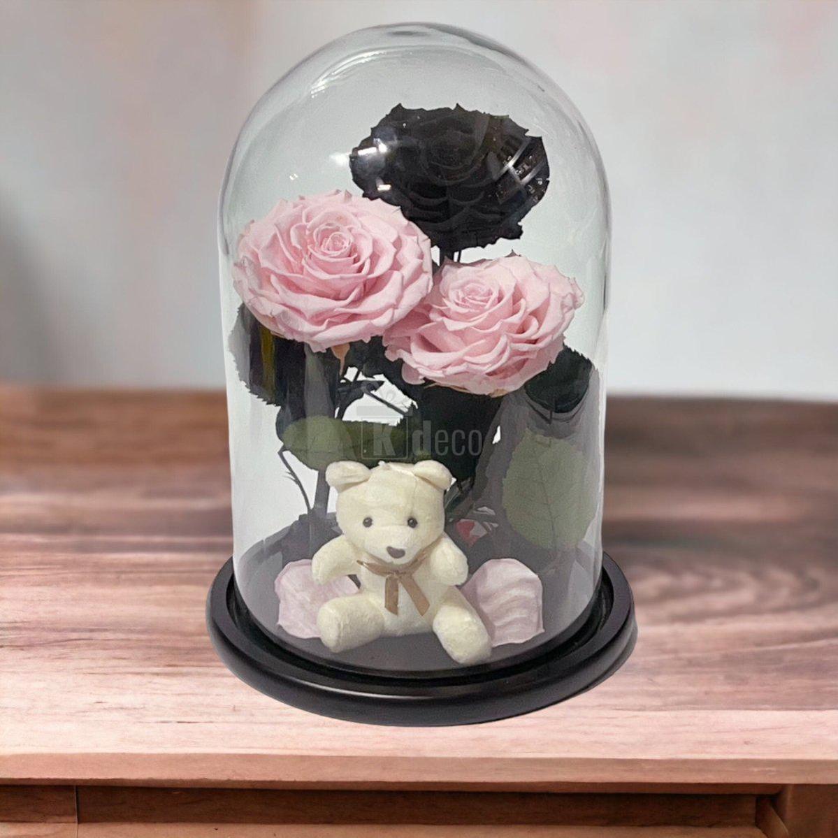 3 Trandafiri Criogenati mari (2 roz pal si 1 negru) in cupola sticla-Kdeco.ro