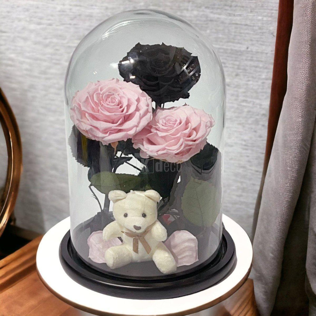 3 Trandafiri Criogenati mari (2 roz pal si 1 negru) in cupola sticla-Kdeco.ro