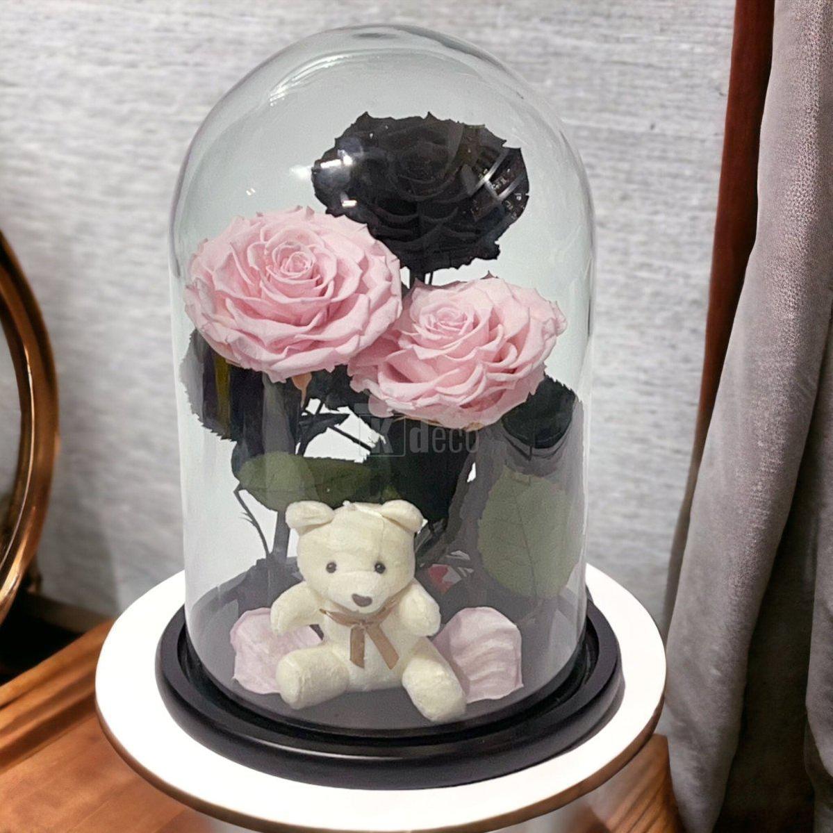 3 Trandafiri Criogenati mari (2 roz pal si 1 negru) in cupola sticla-Kdeco.ro