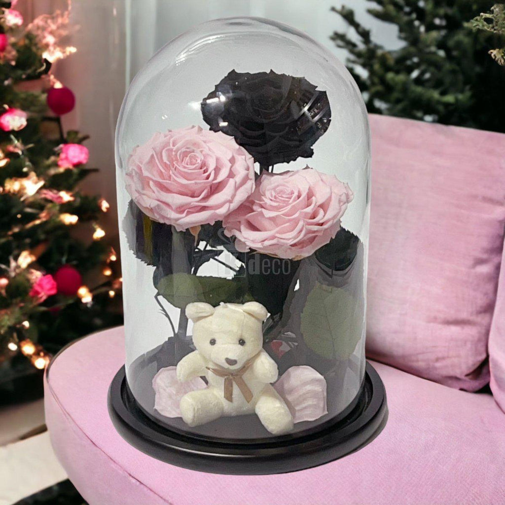 3 Trandafiri Criogenati mari (2 roz pal si 1 negru) in cupola sticla-Kdeco.ro