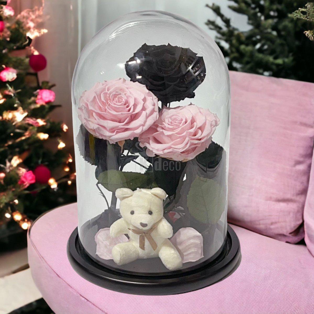 3 Trandafiri Criogenati mari (2 roz pal si 1 negru) in cupola sticla-Kdeco.ro