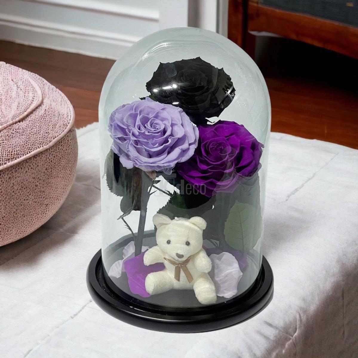 3 Trandafiri Criogenati mari (negru, lila, purpuriu) in cupola de sticla-Kdeco.ro