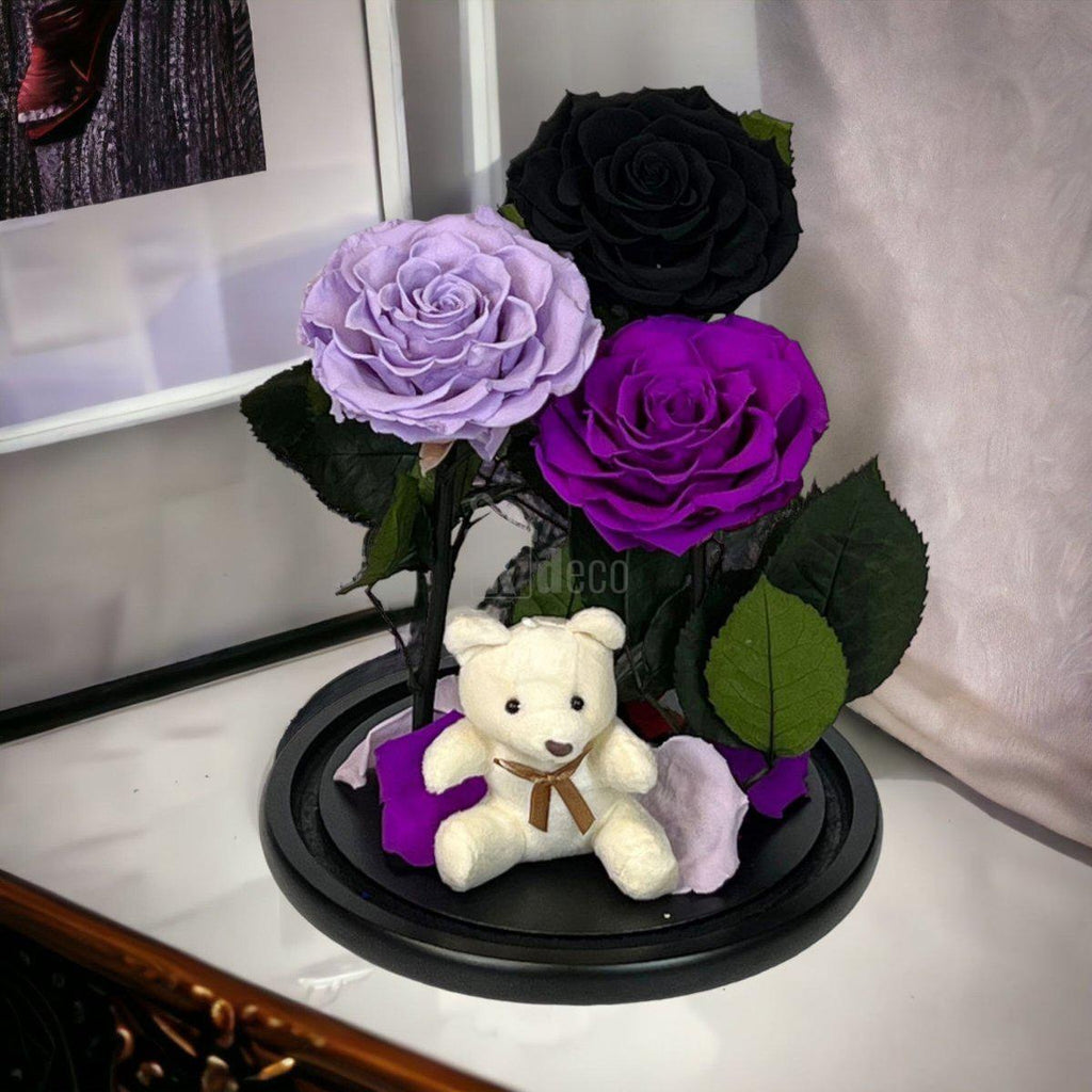 3 Trandafiri Criogenati mari (negru, lila, purpuriu) in cupola de sticla-Kdeco.ro