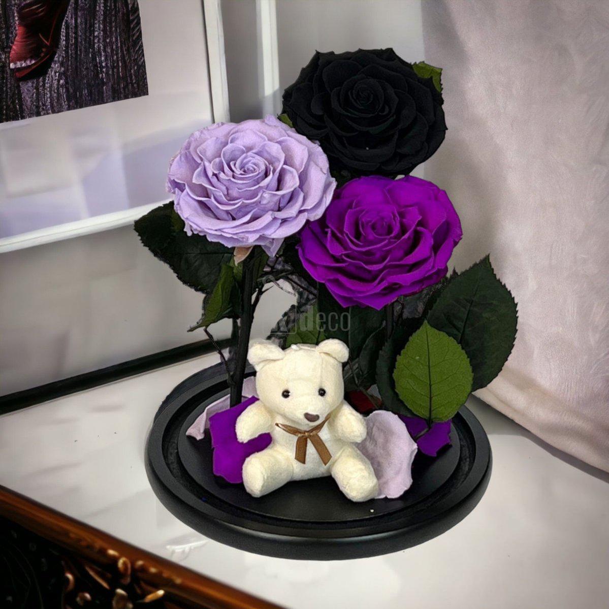 3 Trandafiri Criogenati mari (negru, lila, purpuriu) in cupola de sticla-Kdeco.ro