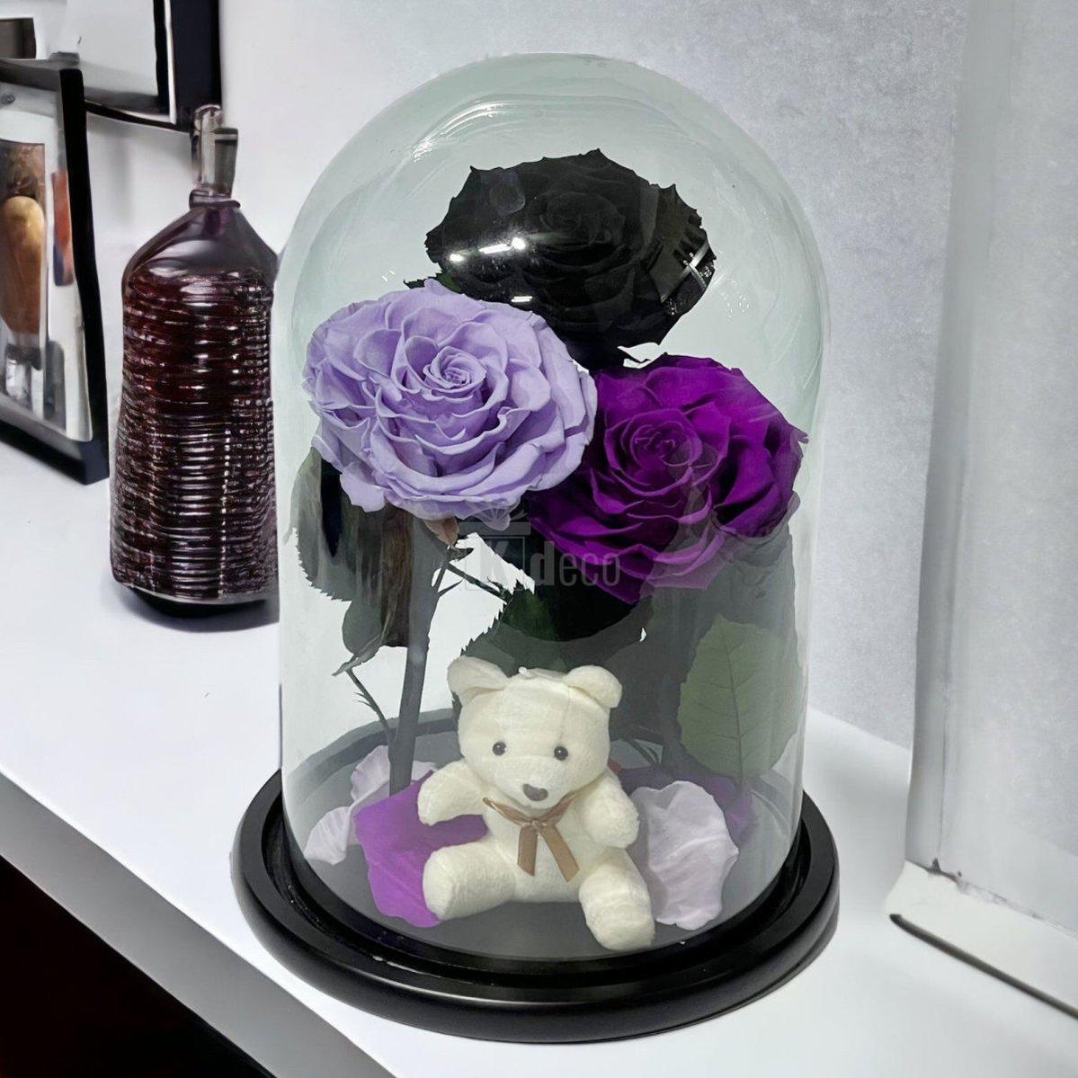3 Trandafiri Criogenati mari (negru, lila, purpuriu) in cupola de sticla-Kdeco.ro