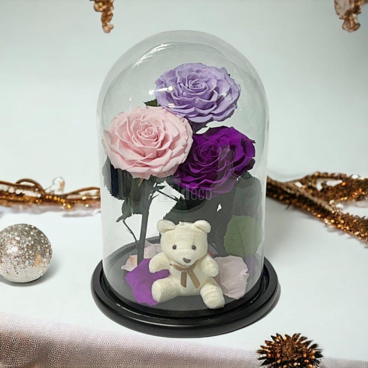 3 Trandafiri Criogenati mari (lila, roz, purpuriu) in cupola de sticla-Kdeco.ro