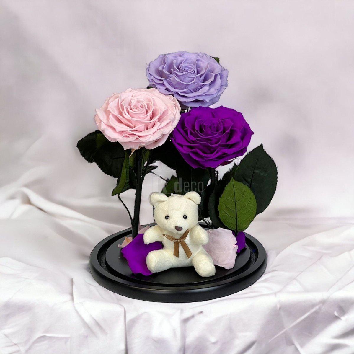 3 Trandafiri Criogenati mari (lila, roz, purpuriu) in cupola de sticla-Kdeco.ro