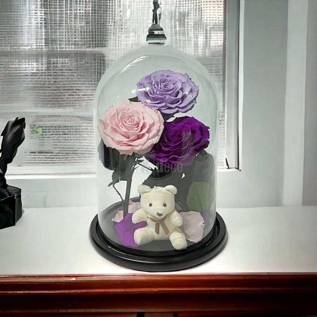 3 Trandafiri Criogenati mari (lila, roz, purpuriu) in cupola de sticla-Kdeco.ro