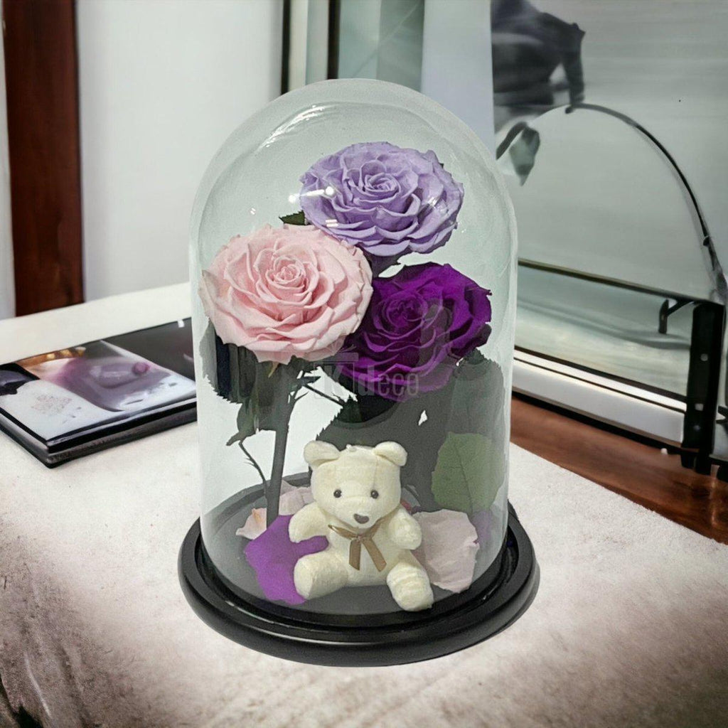 3 Trandafiri Criogenati mari (lila, roz, purpuriu) in cupola de sticla-Kdeco.ro