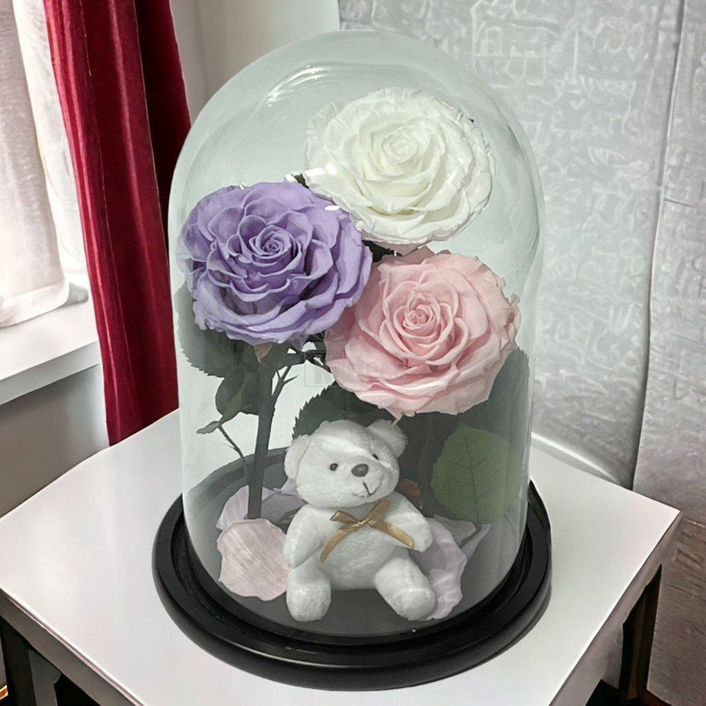 3 Trandafiri Criogenati mari (alb, lila, roz pal) in cupola de sticla-Kdeco.ro