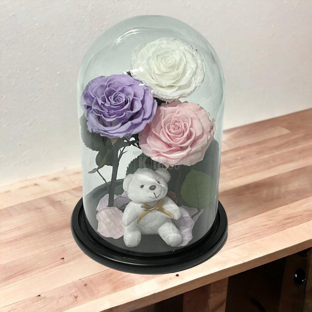 3 Trandafiri Criogenati mari (alb, lila, roz pal) in cupola de sticla-Kdeco.ro