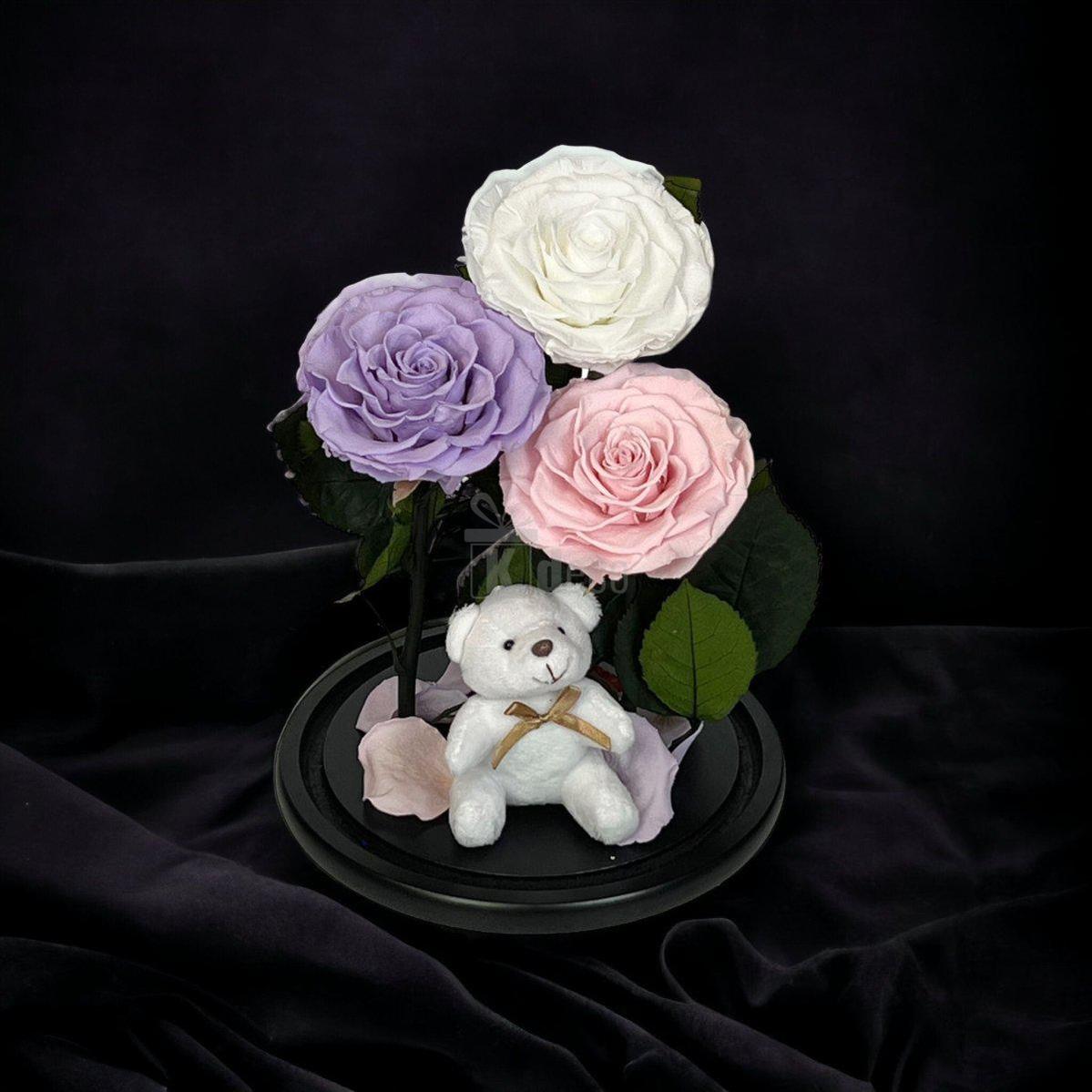 3 Trandafiri Criogenati mari (alb, lila, roz pal) in cupola de sticla-Kdeco.ro