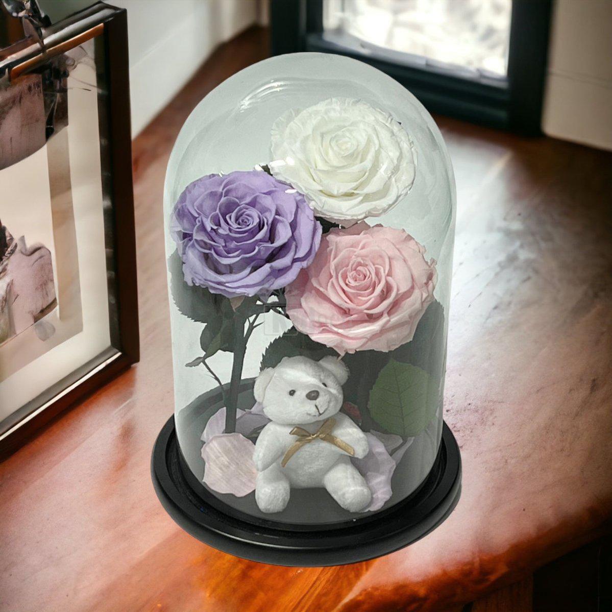 3 Trandafiri Criogenati mari (alb, lila, roz pal) in cupola de sticla-Kdeco.ro