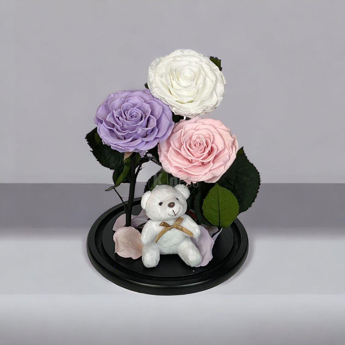 3 Trandafiri Criogenati mari (alb, lila, roz pal) in cupola de sticla-Kdeco.ro