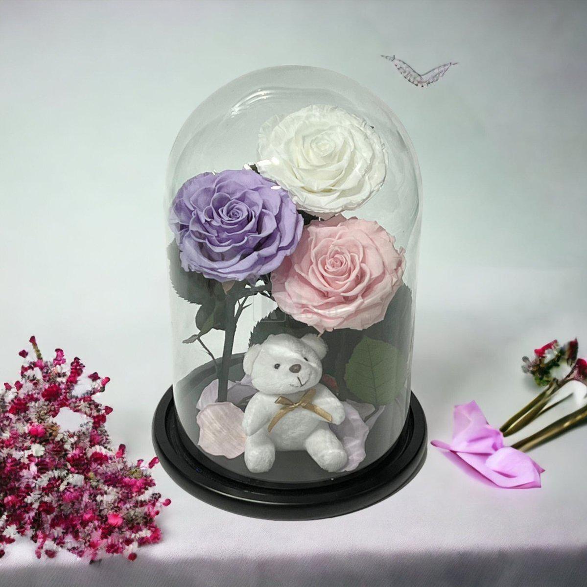 3 Trandafiri Criogenati mari (alb, lila, roz pal) in cupola de sticla-Kdeco.ro