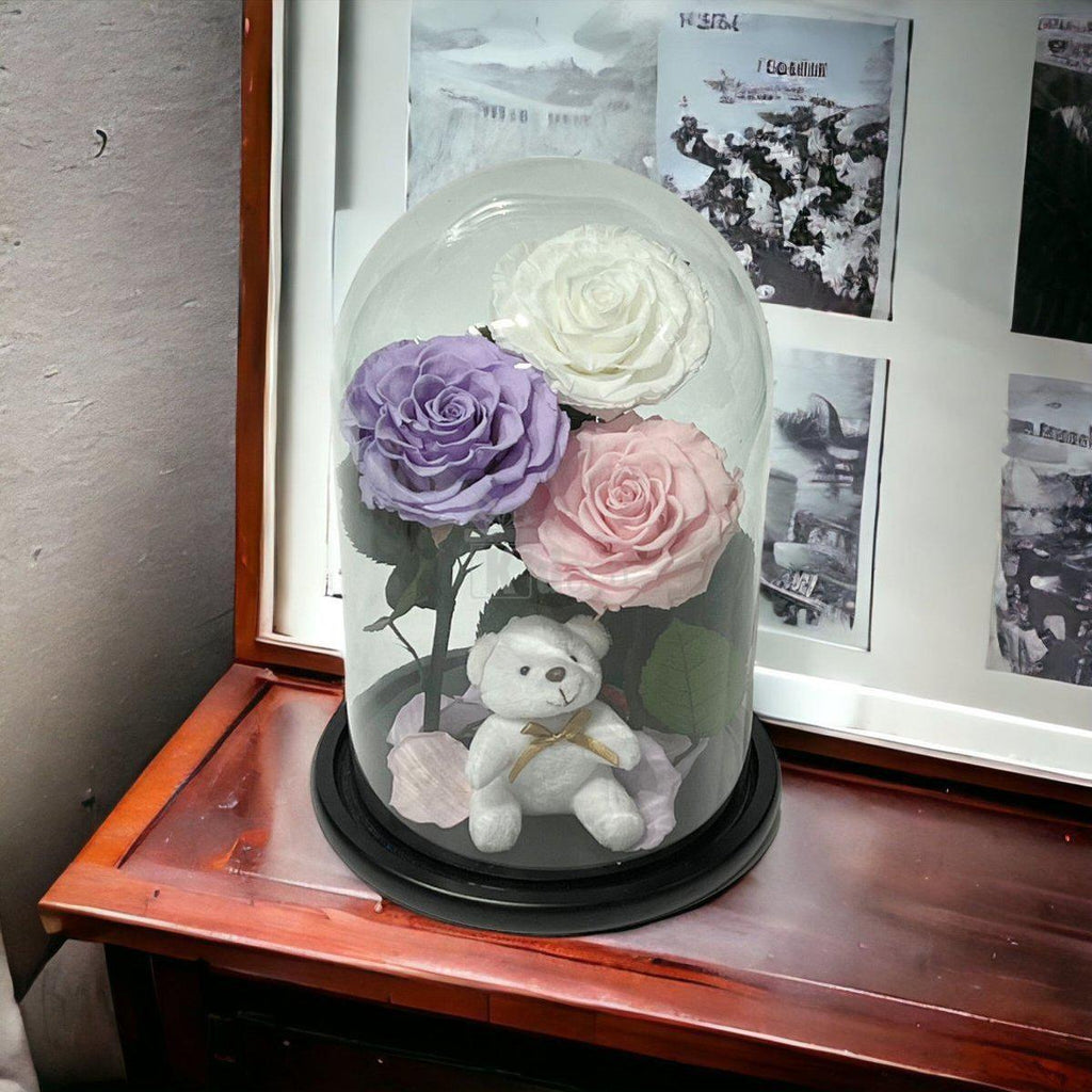 3 Trandafiri Criogenati mari (alb, lila, roz pal) in cupola de sticla-Kdeco.ro
