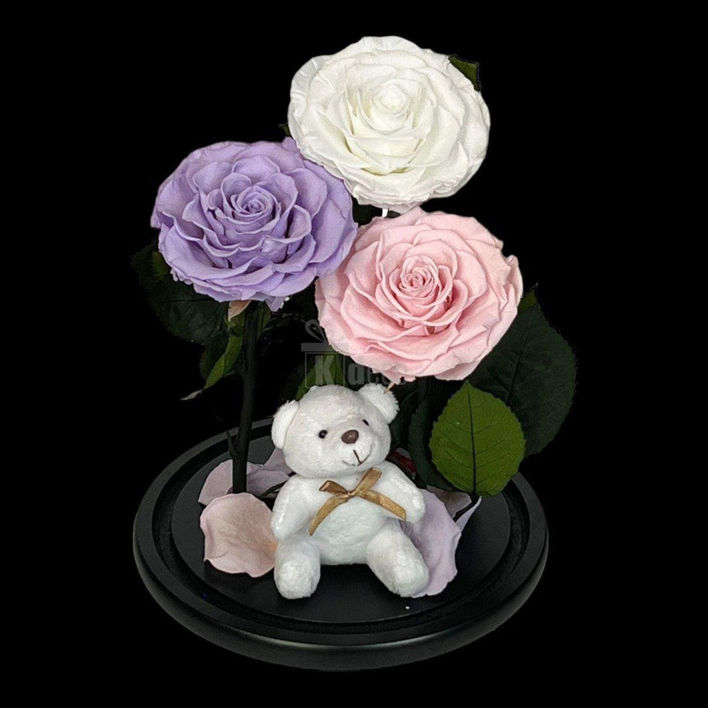 3 Trandafiri Criogenati mari (alb, lila, roz pal) in cupola de sticla-Kdeco.ro