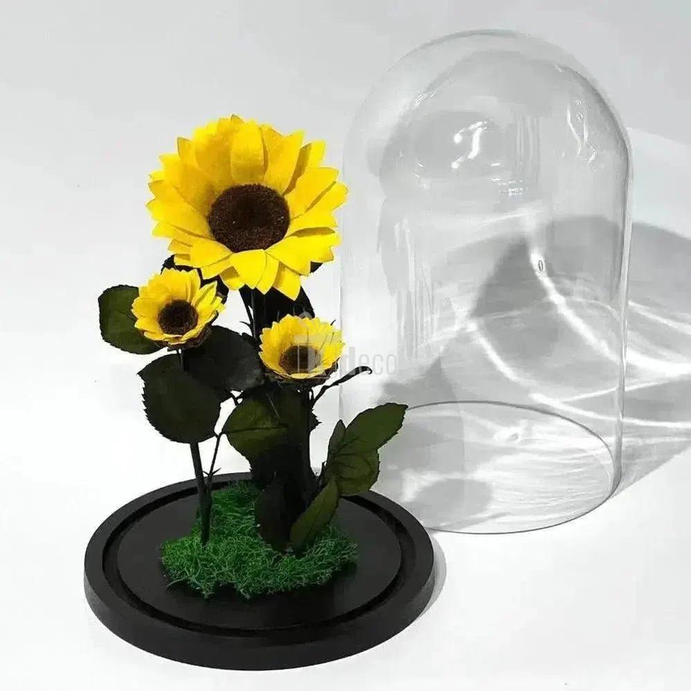 Floarea Soarelui Criogenată cu Două Floricele Adiționale în Cupolă de Sticlă - Kdeco.ro