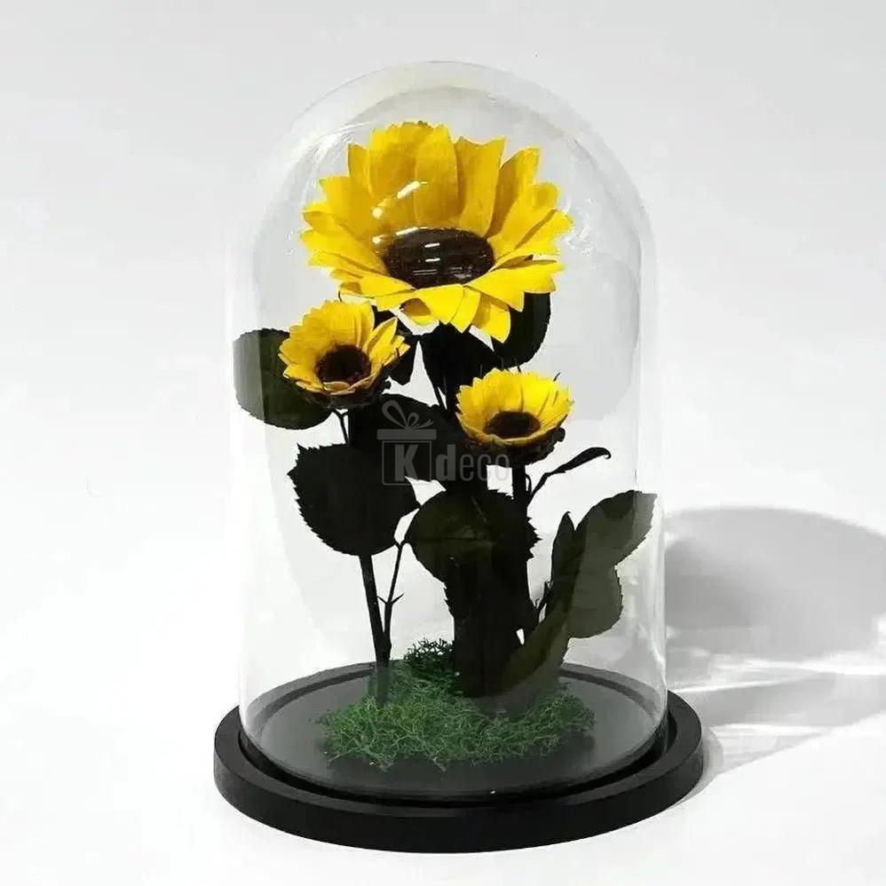 Floarea Soarelui Criogenată cu Două Floricele Adiționale în Cupolă de Sticlă - Kdeco.ro