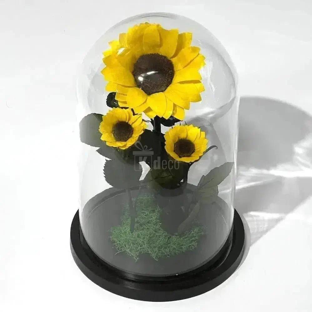 Floarea Soarelui Criogenată cu Două Floricele Adiționale în Cupolă de Sticlă - Kdeco.ro