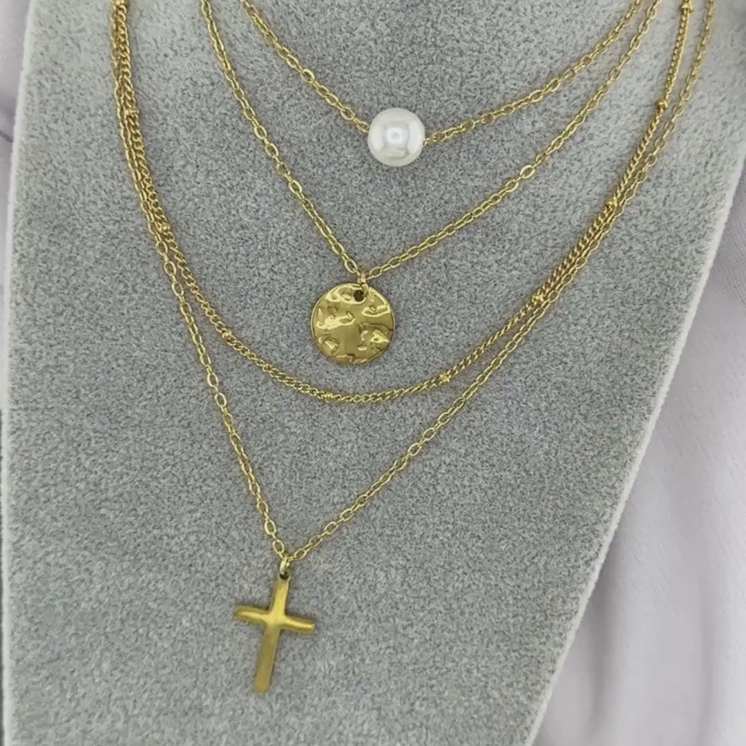 Colier Aurea Premium din inox cu perle imitatie cu design modern, placată cu aur 18K