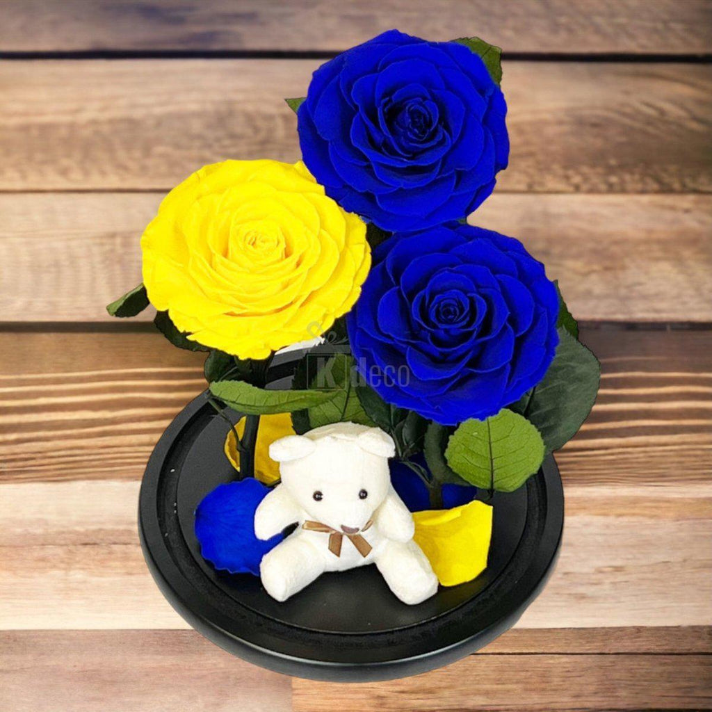 3 Trandafiri Criogenati mari (2 albastrii si 1 galben) in cupola sticla cu ursulet-Kdeco.ro