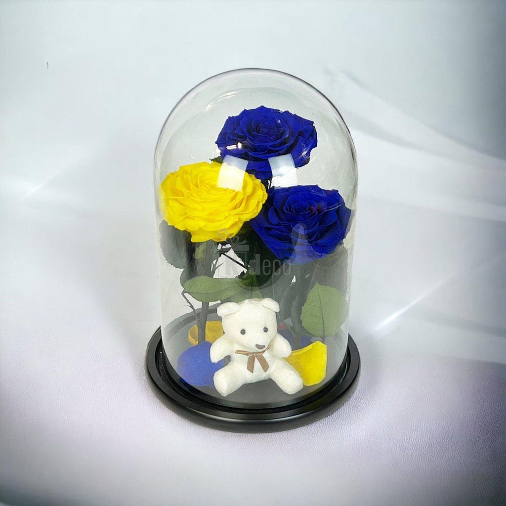 3 Trandafiri Criogenati mari (2 albastrii si 1 galben) in cupola sticla cu ursulet-Kdeco.ro