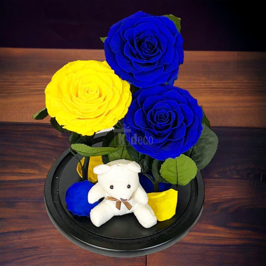 3 Trandafiri Criogenati mari (2 albastrii si 1 galben) in cupola sticla cu ursulet-Kdeco.ro