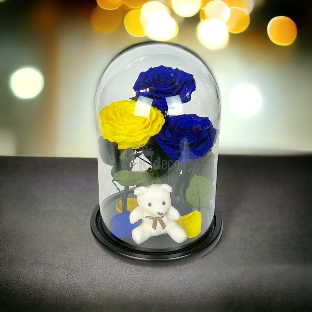3 Trandafiri Criogenati mari (2 albastrii si 1 galben) in cupola sticla cu ursulet-Kdeco.ro