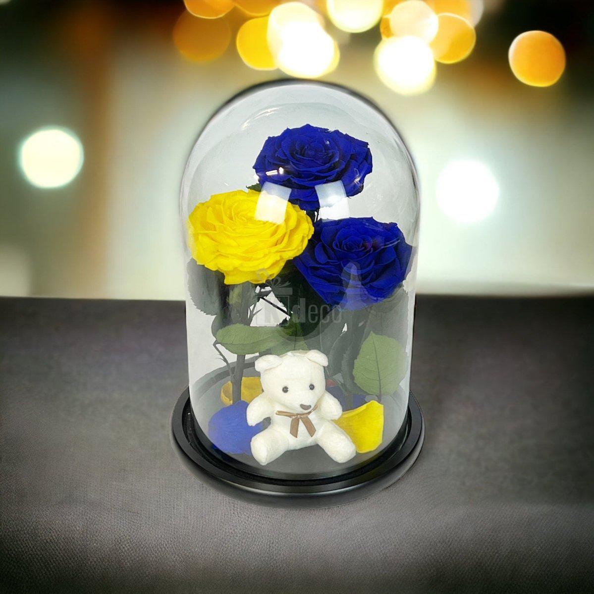 3 Trandafiri Criogenati mari (2 albastrii si 1 galben) in cupola sticla cu ursulet-Kdeco.ro