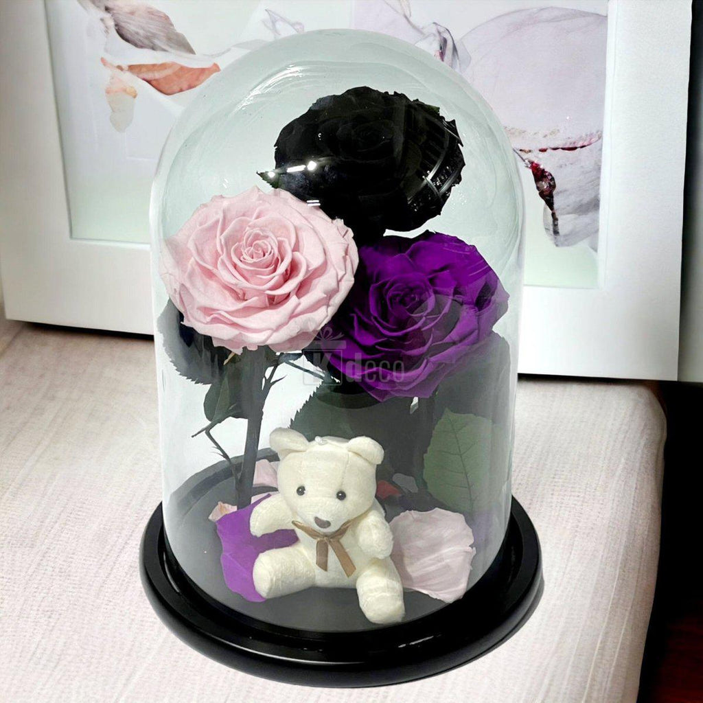 3 Trandafiri Criogenati mari (negru, roz, purpuriu) in cupola de sticla-Kdeco.ro