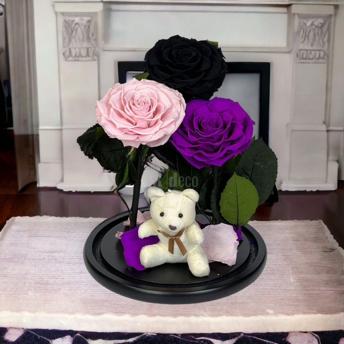 3 Trandafiri Criogenati mari (negru, roz, purpuriu) in cupola de sticla-Kdeco.ro