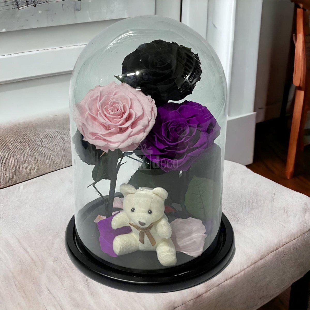 3 Trandafiri Criogenati mari (negru, roz, purpuriu) in cupola de sticla-Kdeco.ro