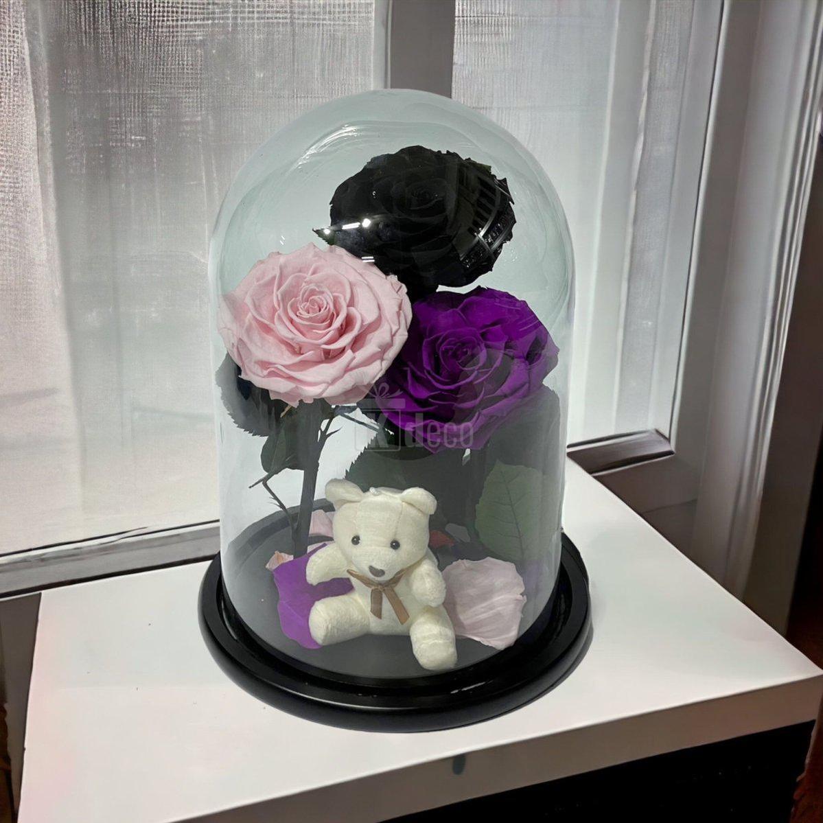 3 Trandafiri Criogenati mari (negru, roz, purpuriu) in cupola de sticla-Kdeco.ro