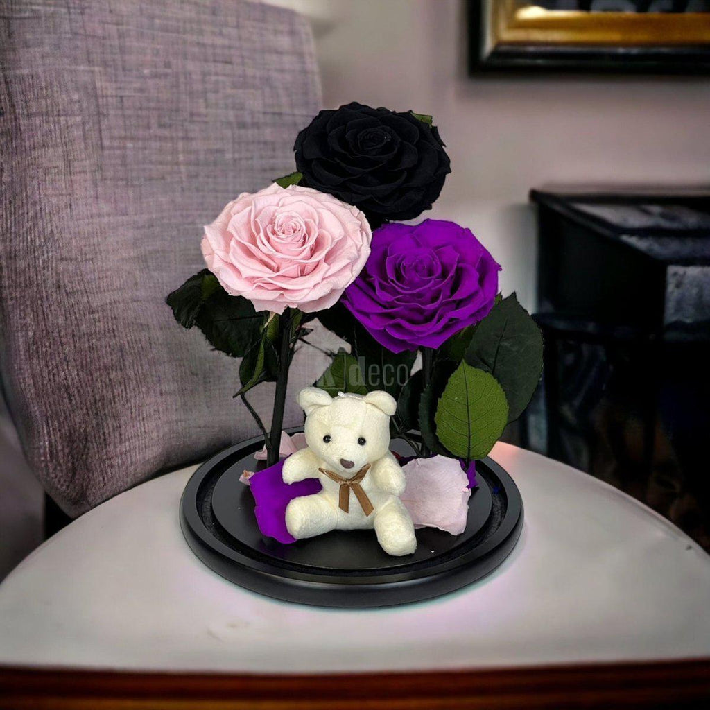 3 Trandafiri Criogenati mari (negru, roz, purpuriu) in cupola de sticla-Kdeco.ro