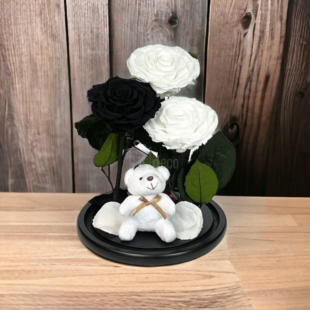3 Trandafiri Criogenati mari (2 albi si 1 negru) in cupola sticla cu ursulet-Kdeco.ro