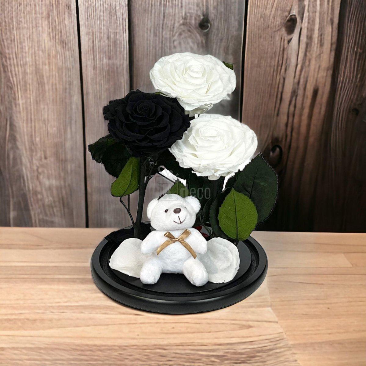 3 Trandafiri Criogenati mari (2 albi si 1 negru) in cupola sticla cu ursulet-Kdeco.ro