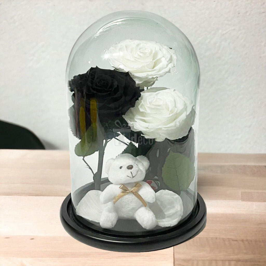 3 Trandafiri Criogenati mari (2 albi si 1 negru) in cupola sticla cu ursulet-Kdeco.ro