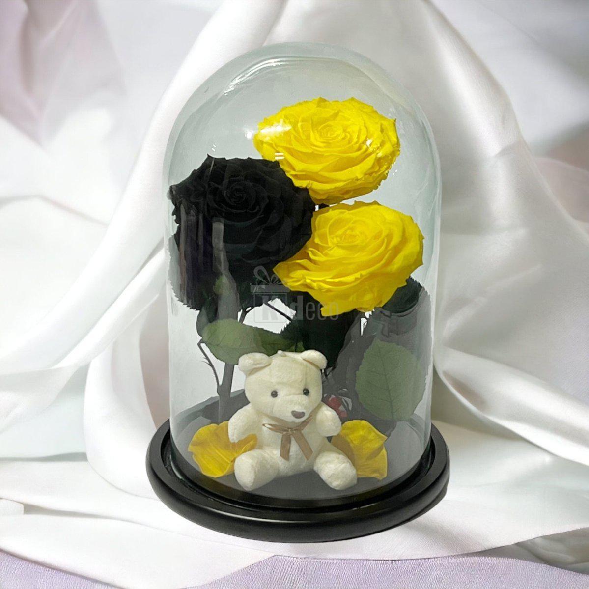 3 Trandafiri Criogenati mari (2 galbeni si 1 negru) in cupola sticla-Kdeco.ro