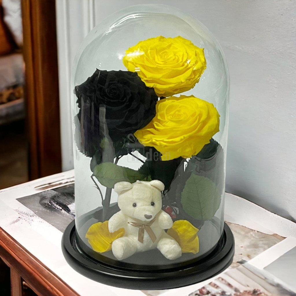 3 Trandafiri Criogenati mari (2 galbeni si 1 negru) in cupola sticla-Kdeco.ro