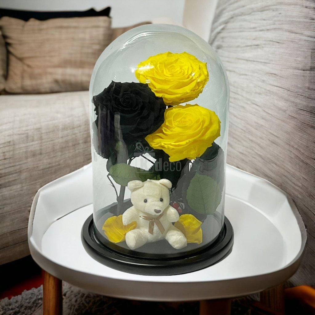 3 Trandafiri Criogenati mari (2 galbeni si 1 negru) in cupola sticla-Kdeco.ro